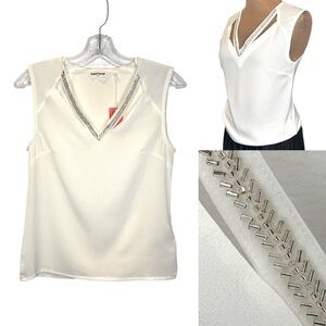 NAF NAF Paris White Sleeveless V-Neck Blouse with Cutout and Trim NWT size Small